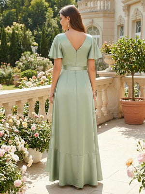 V Neck Satin Ruffles Corset Bridesmaid Dresses with Pockets