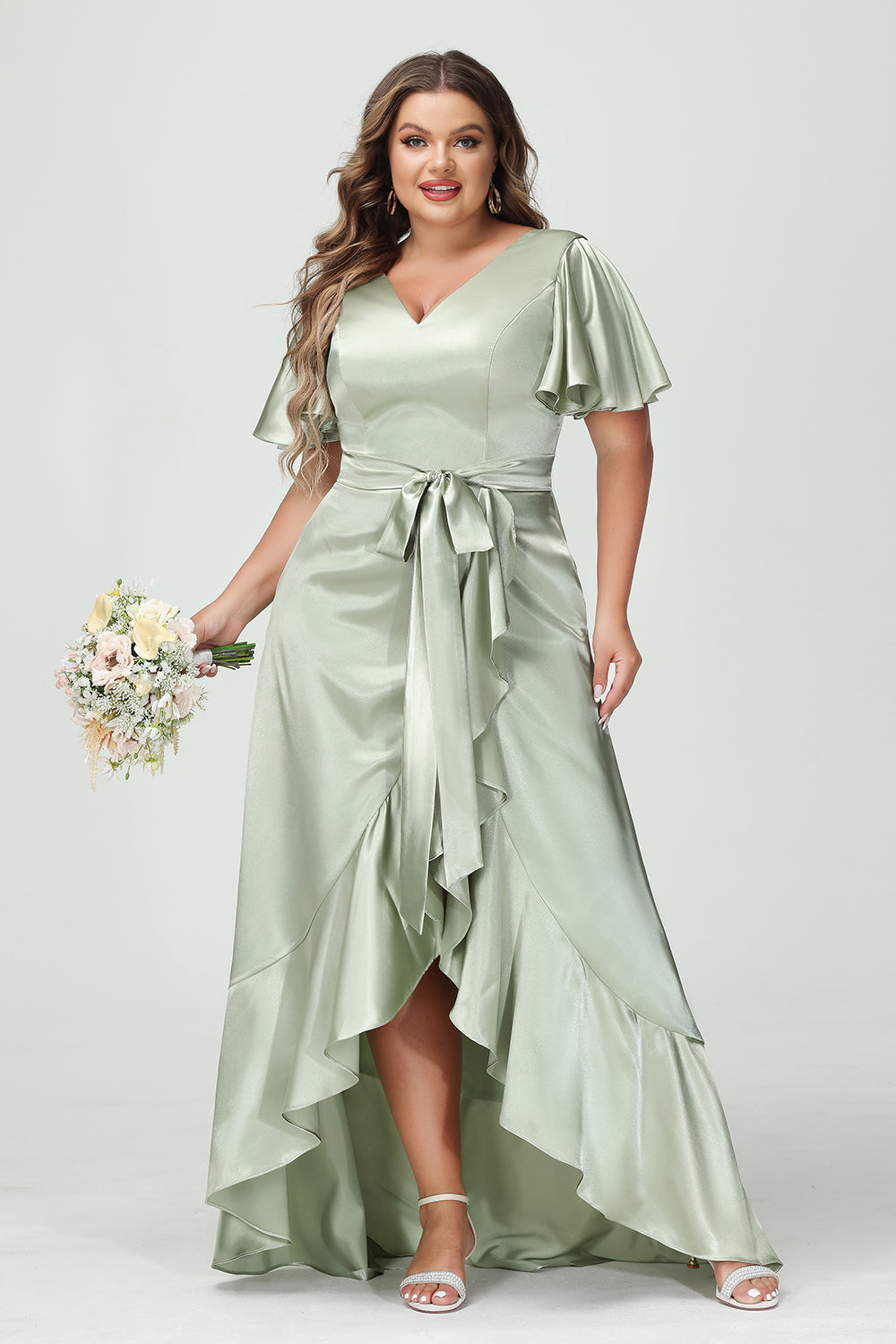 V Neck Satin Ruffles Corset Bridesmaid Dresses with Pockets