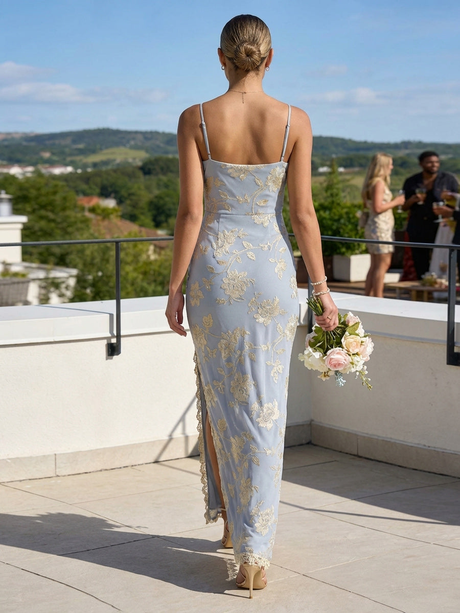 Floral Print Sheath Spaghetti Straps Floor Length Bridesmaid Dresses