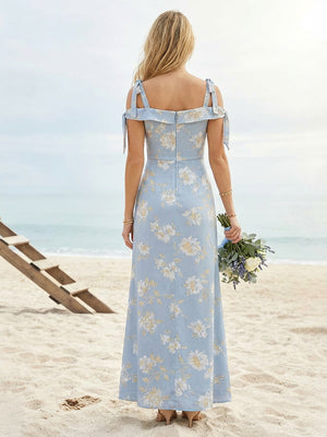 Floral Print Sheath Spaghetti Straps Floor Length Bridesmaid Dresses