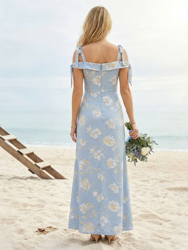 Floral Print Sheath Spaghetti Straps Floor Length Bridesmaid Dresses