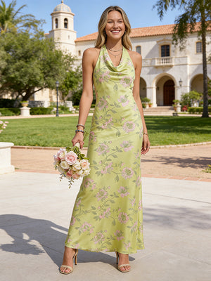 Satin Sheath Halter Floor Length Bridesmaid Dresses