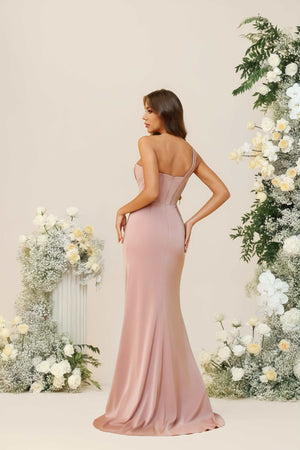 One Shoulder Satin Corset Pleated Bridesmaid Dresses with Slit