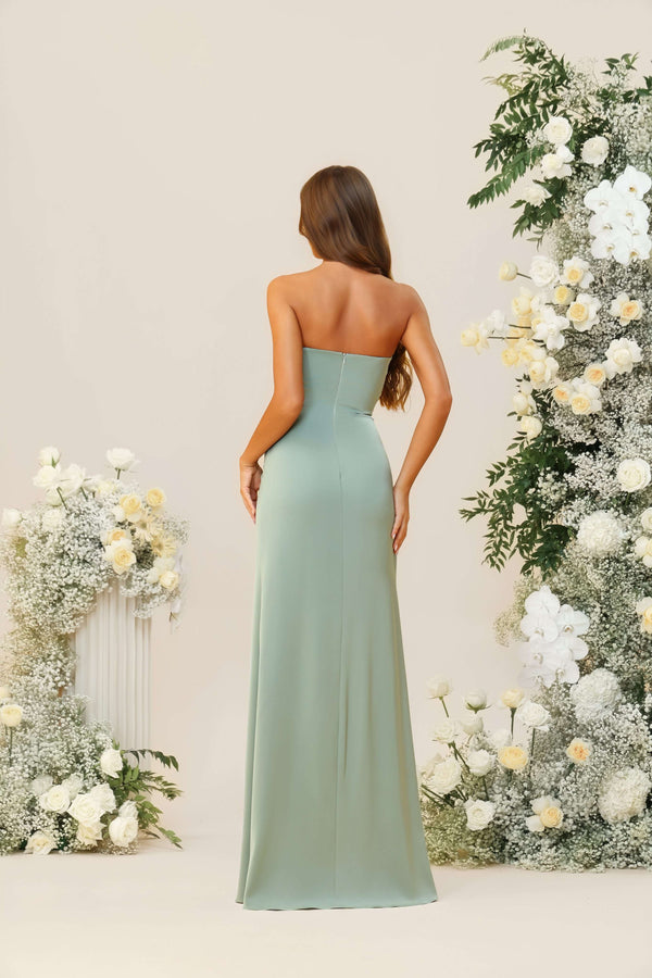 Strapless Satin Corset Pleated Bridesmaid Dresses with Slit