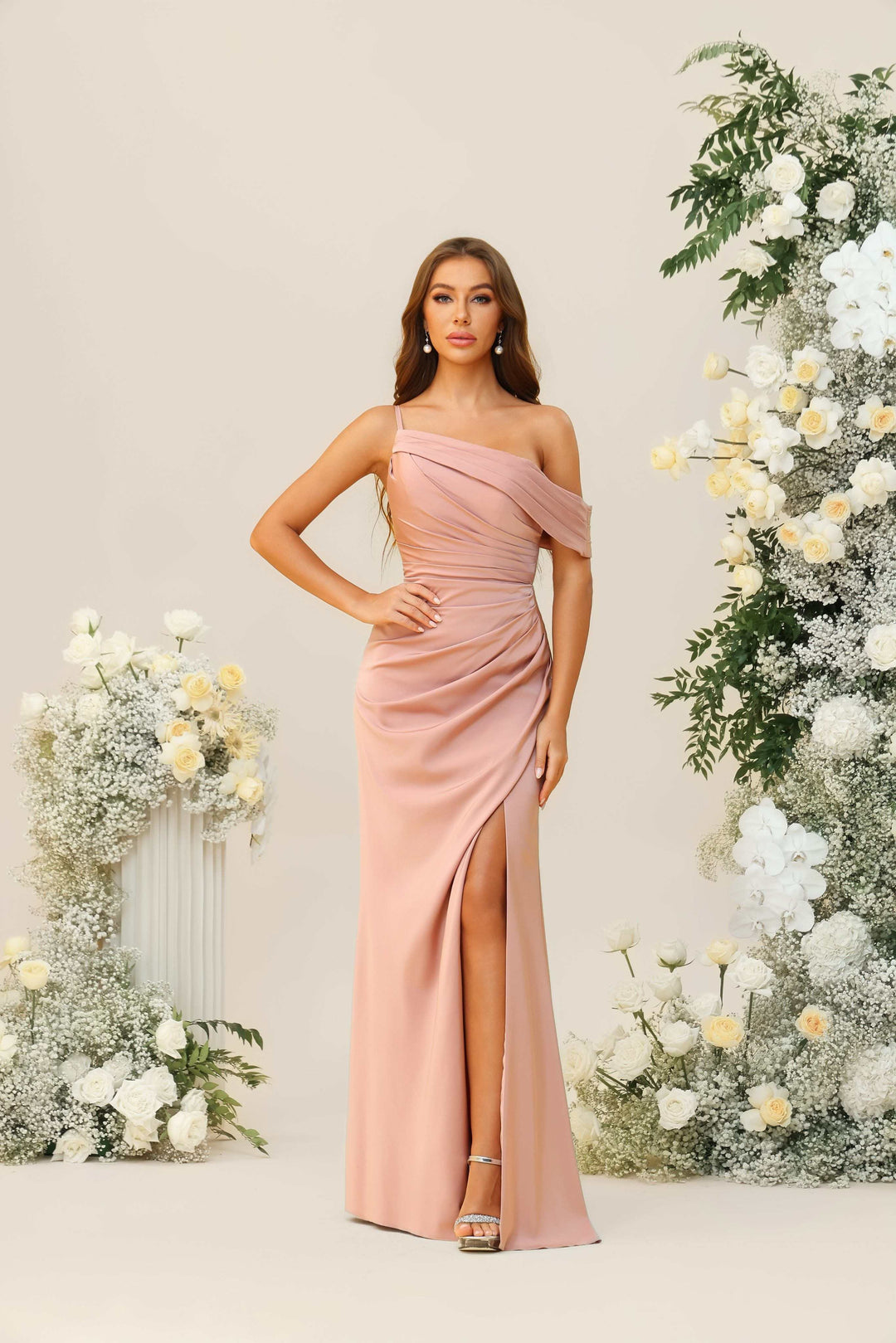 One Shoulder Satin Pleated Bridesmaid Dresses with Slit