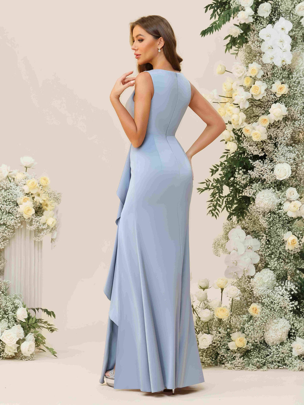 V Neck Pleated Ruffles Bridesmaid Dresses with Slit