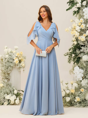 Ruffles V Neck Chiffon Pleated Corset Bridesmaid Dresses
