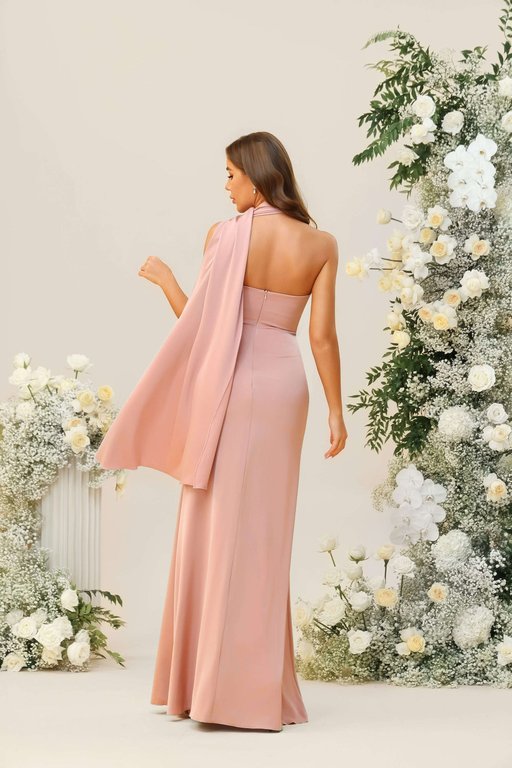 One Shoulder Satin Corset Pleated Bridesmaid Dresses with Scarf