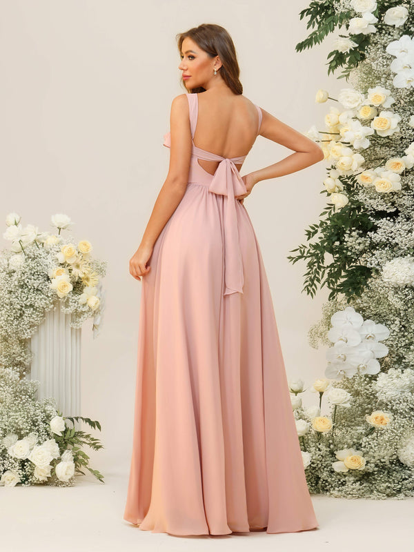 Square Neck Spaghetti Straps Chiffon Pleated Bridesmaid Dresses with Pockets
