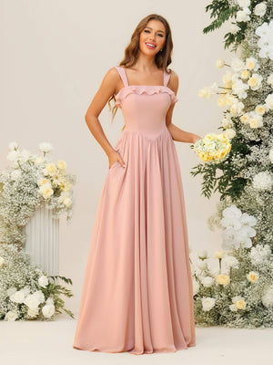 Square Neck Spaghetti Straps Chiffon Pleated Bridesmaid Dresses with Pockets