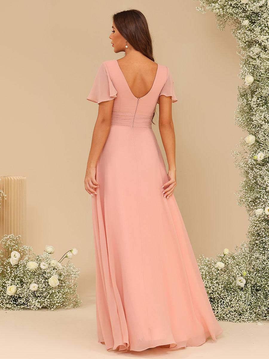 V Neck Chiffon Ruffles Corset Pleated Bridesmaid Dresses with Slit