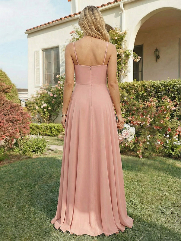 Spaghetti Straps V Neck Chiffon Ruffles Pleated Bridesmaid Dresses with Slit