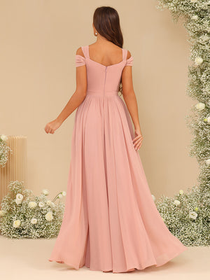 V Neck Chiffon Ruffles Pleated Bridesmaid Dresses with Slit