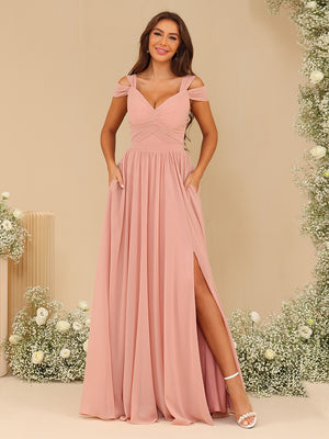 V Neck Chiffon Ruffles Pleated Bridesmaid Dresses with Slit