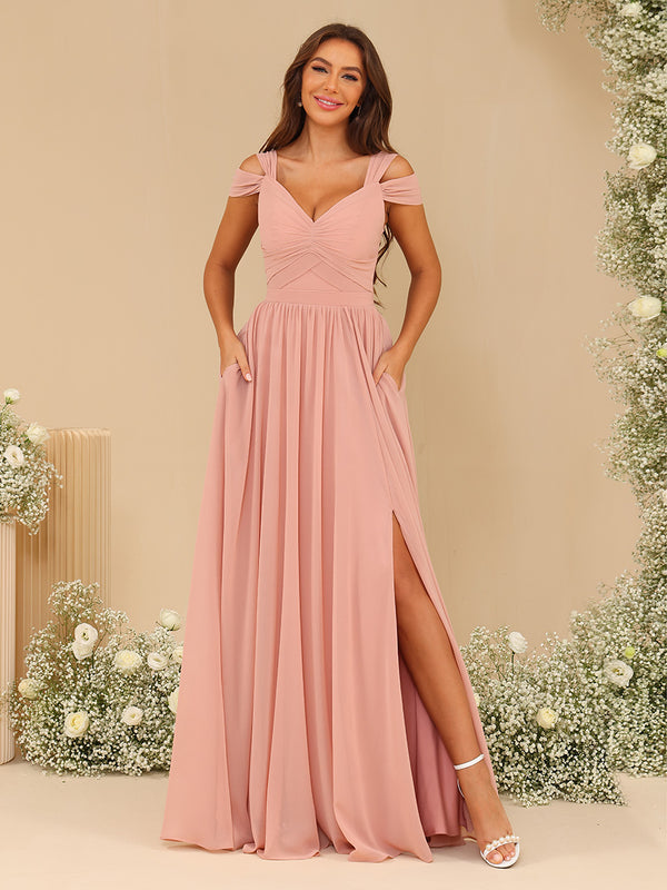 V Neck Chiffon Ruffles Pleated Bridesmaid Dresses with Slit