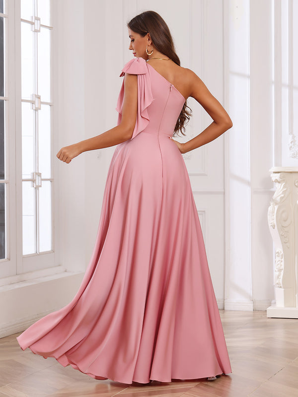 One Shoulder Satin Ruffles Pleated Bridesmaid Dresses with Slit