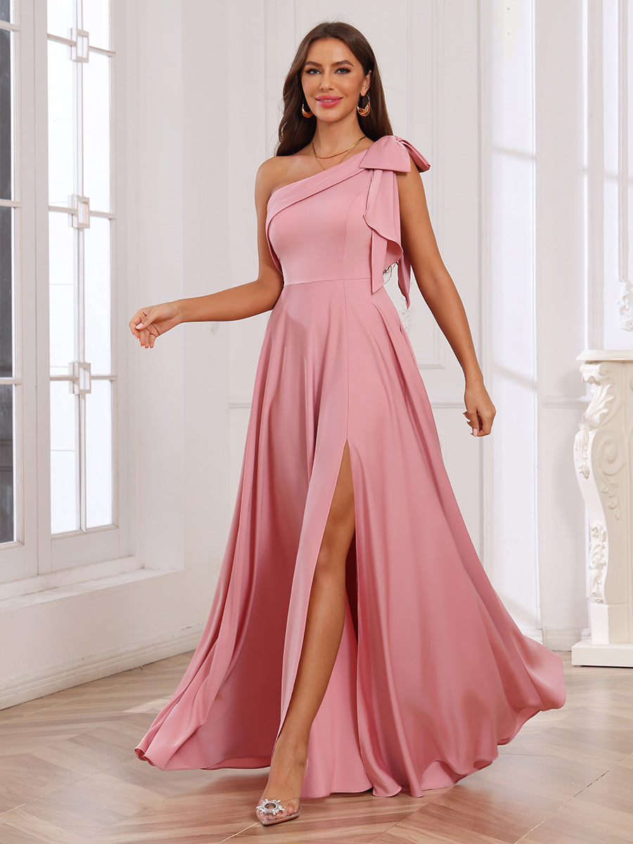 One Shoulder Satin Ruffles Pleated Bridesmaid Dresses with Slit