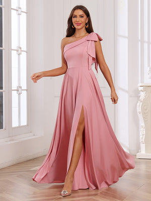 One Shoulder Satin Ruffles Pleated Bridesmaid Dresses with Slit