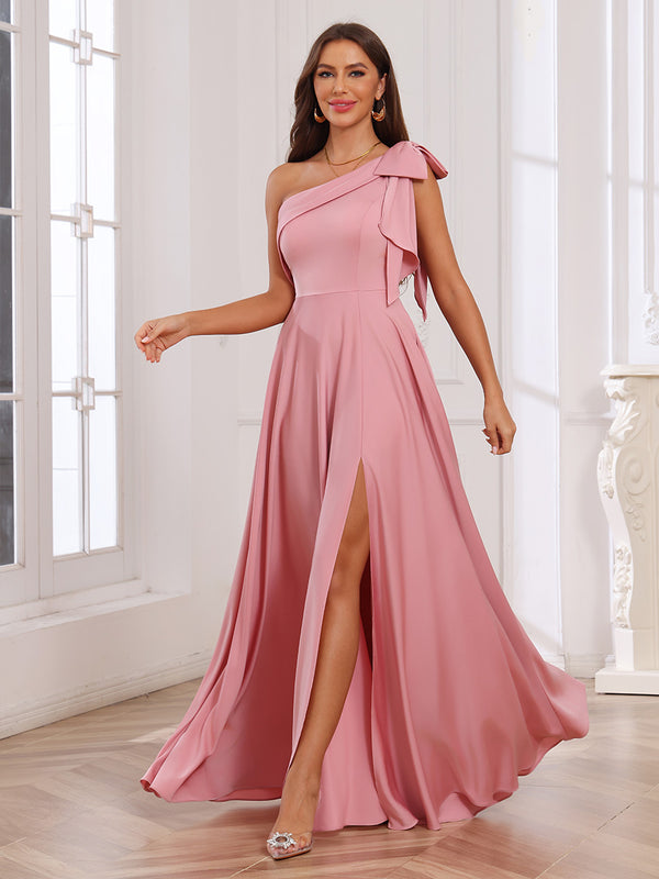 One Shoulder Satin Ruffles Pleated Bridesmaid Dresses with Slit