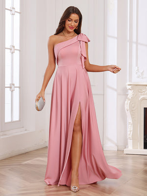 One Shoulder Satin Ruffles Pleated Bridesmaid Dresses with Slit