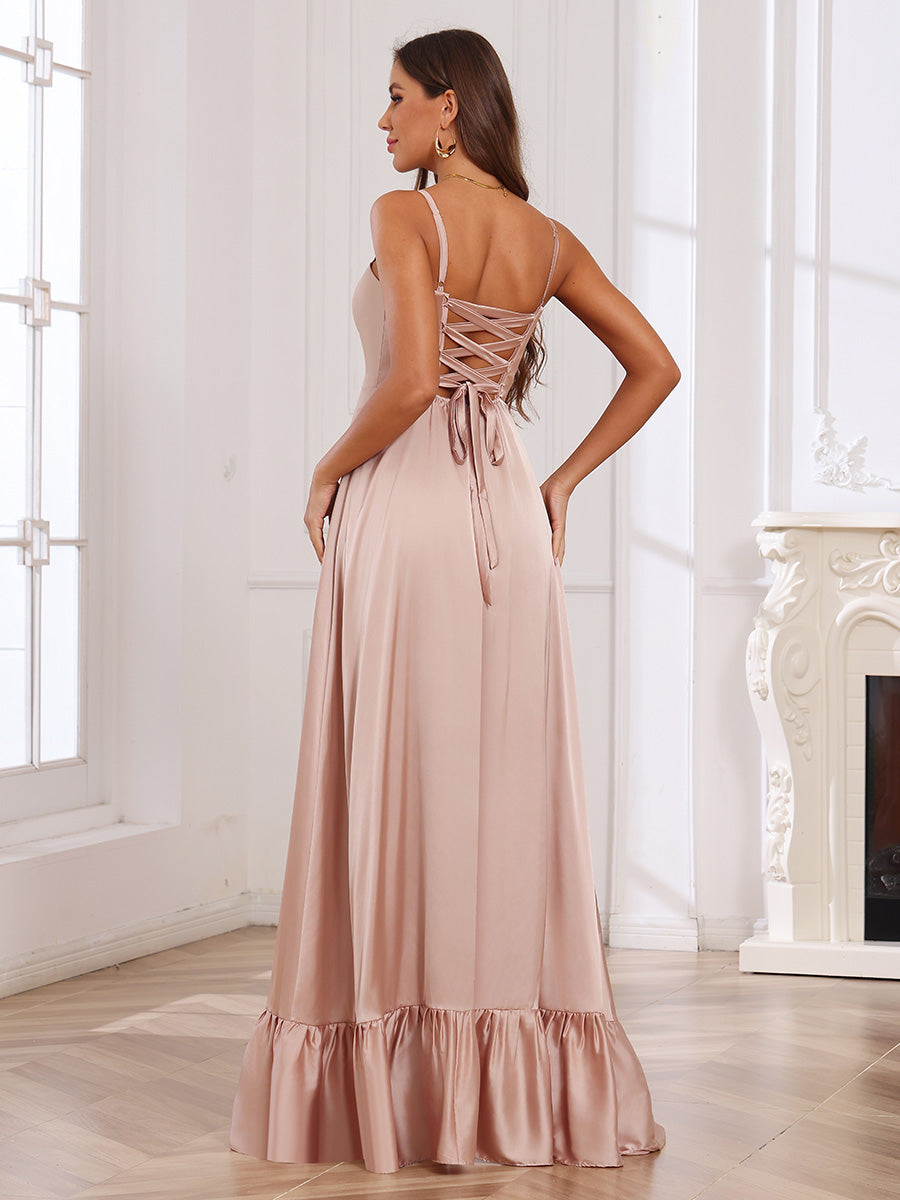 Spaghetti Straps Satin Ruffles Pleated Bridesmaid Dresses with Slit