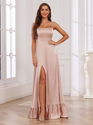 Spaghetti Straps Satin Ruffles Pleated Bridesmaid Dresses with Slit