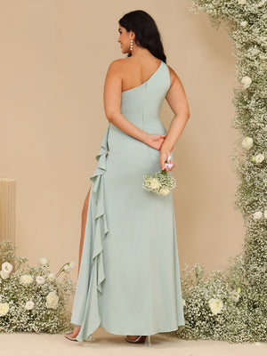 One Shoulder Chiffon Ruffles Bridesmaid Dresses with Slit