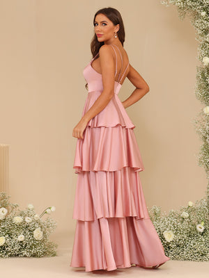 Satin Layered Ruffles V Neck Pleated Corset Bridesmaid Dresses