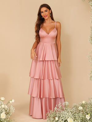 Satin Layered Ruffles V Neck Pleated Corset Bridesmaid Dresses