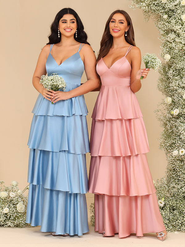 Satin Layered Ruffles V Neck Pleated Corset Bridesmaid Dresses