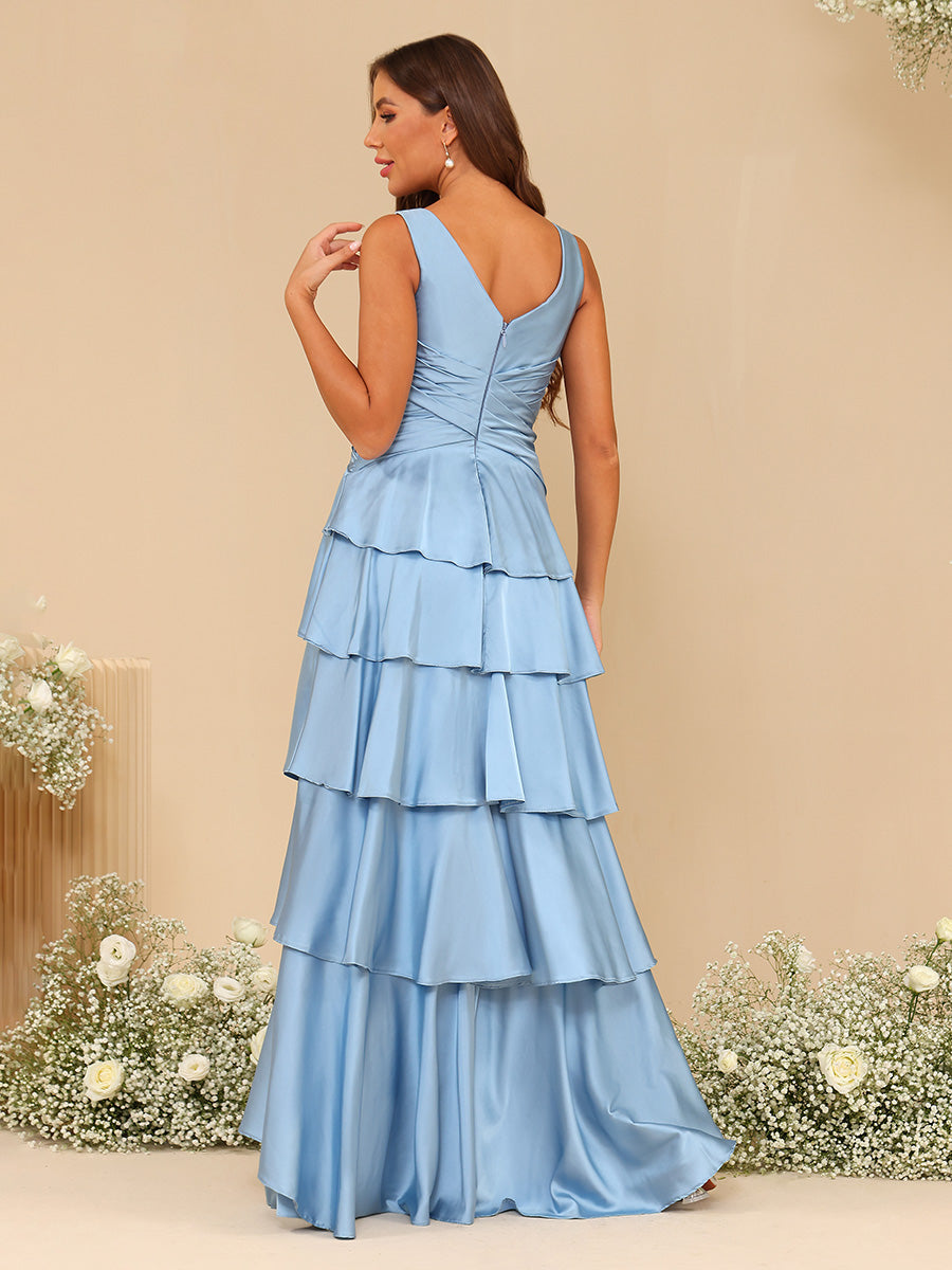 Chiffon Layered Ruffles V Neck Pleated Corset Bridesmaid Dresses