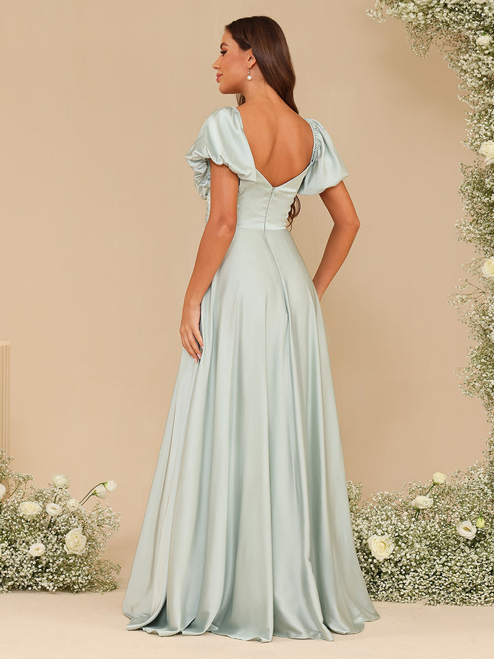 Chiffon V Neck Puff Sleeve Pleated Corset Bridesmaid Dresses