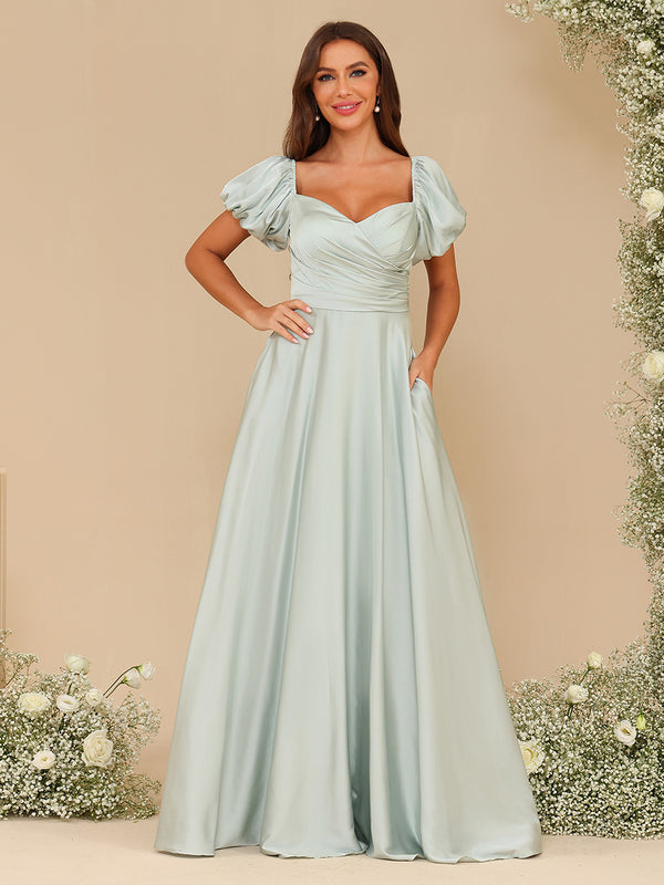 Chiffon V Neck Puff Sleeve Pleated Corset Bridesmaid Dresses