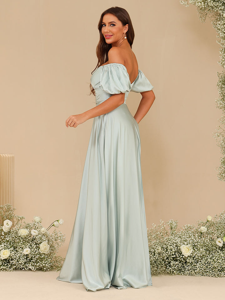 Chiffon V Neck Puff Sleeve Pleated Corset Bridesmaid Dresses