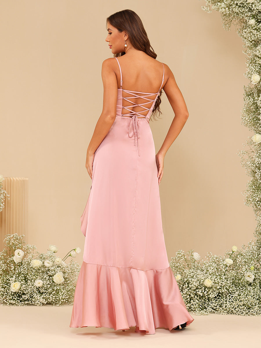 Chiffon V Neck Spaghetti Straps Pleated Bridesmaid Dresses