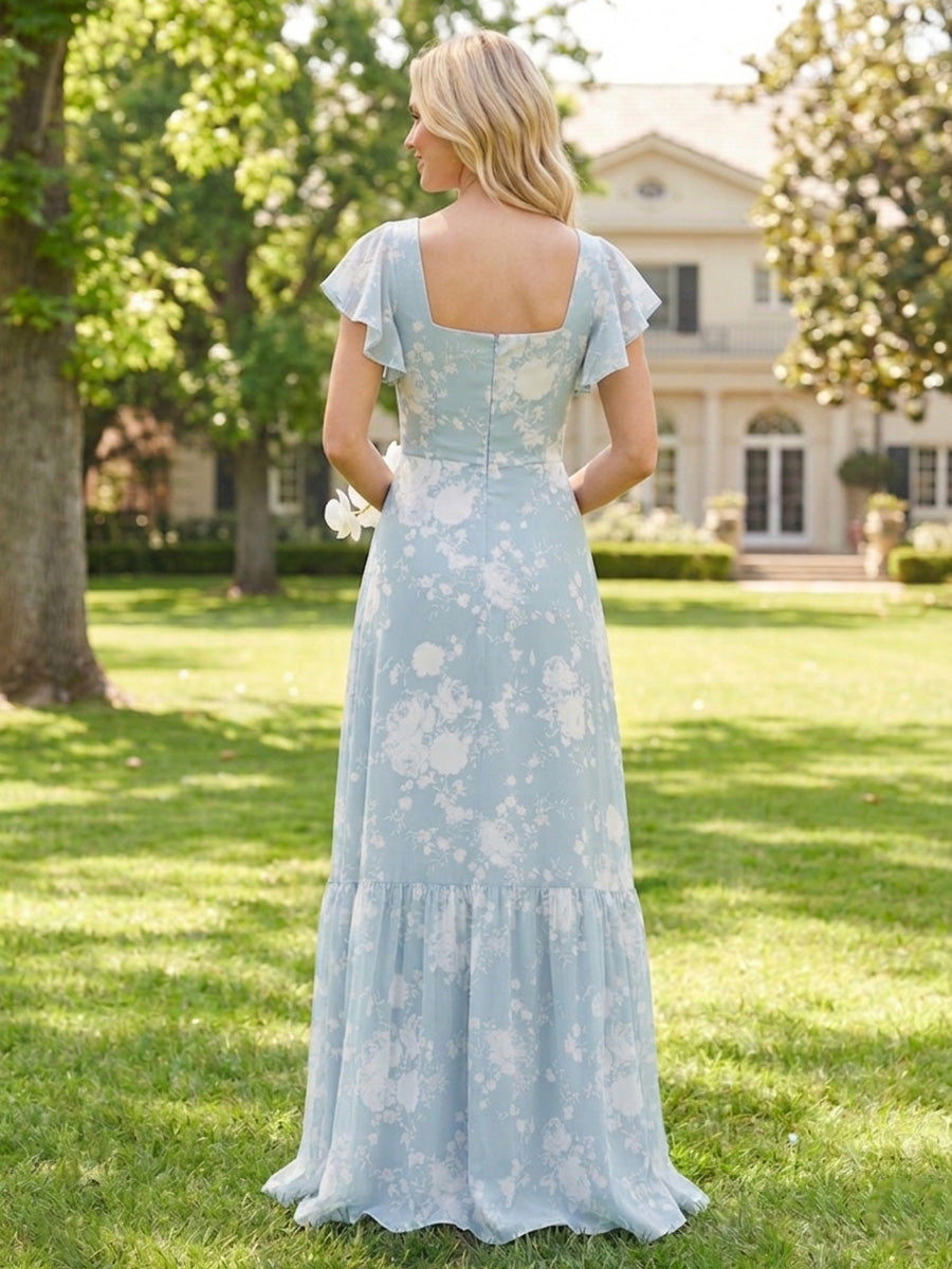 Chiffon Square Neck Floral Corset Ruffles Pleats Bridesmaid Dresses