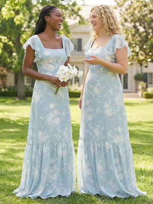 Chiffon Square Neck Floral Corset Ruffles Pleats Bridesmaid Dresses