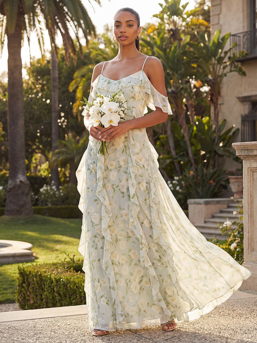Chiffon Off the Shoulder Floral Spaghetti Straps Ruffles Bridesmaid Dresses