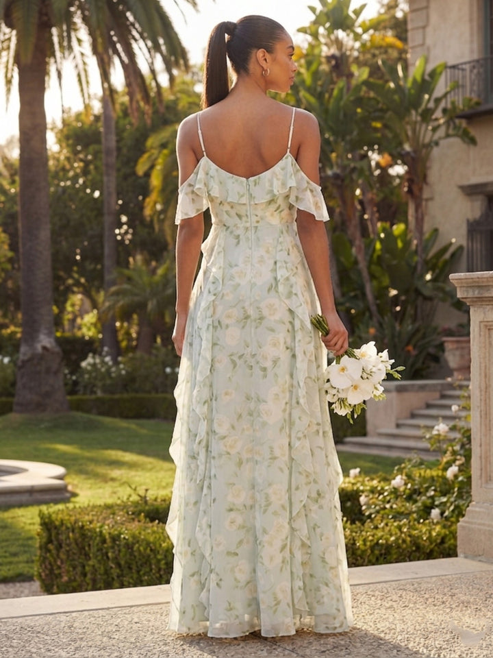 Chiffon Off the Shoulder Floral Spaghetti Straps Ruffles Bridesmaid Dresses