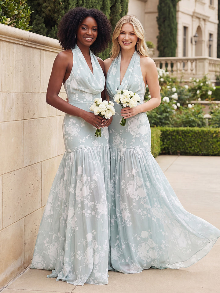 Chiffon Halter Cowl Neck Floral Corset Pleated Bridesmaid Dresses