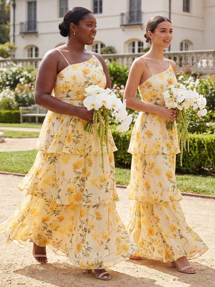Spaghetti Straps Layered Floral Corset Pleated Chiffon Bridesmaid Dresses