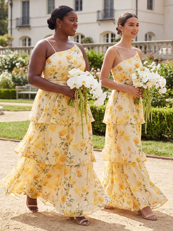 Spaghetti Straps Layered Floral Corset Pleated Chiffon Bridesmaid Dresses