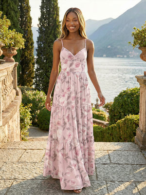 Floral Spaghetti Straps Chiffon Pleated Bridesmaid Dresses
