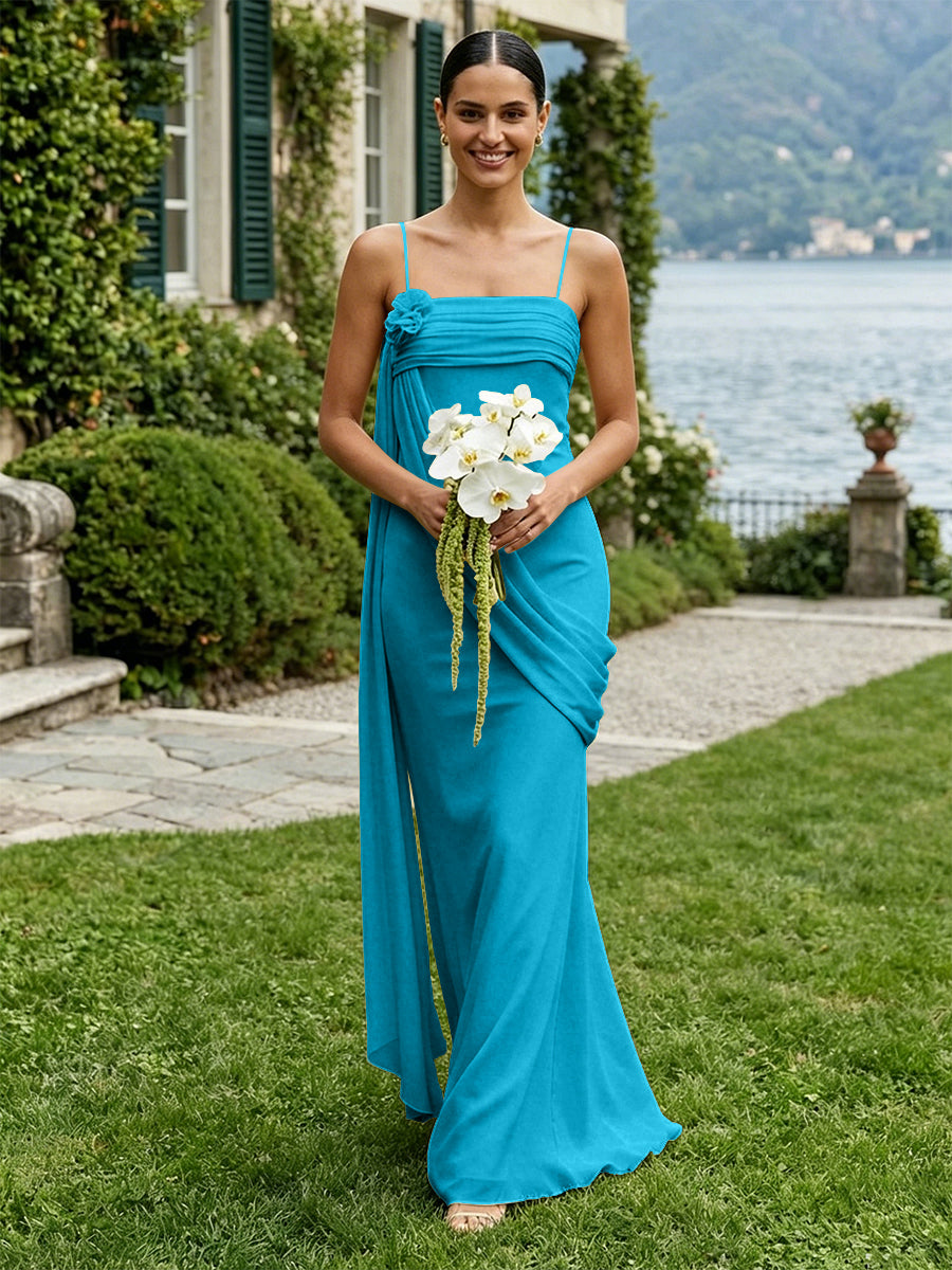Chiffon Square Neck Ruched Spaghetti Straps Pleated Bridesmaid Dresses