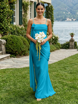 Chiffon Square Neck Ruched Spaghetti Straps Pleated Bridesmaid Dresses