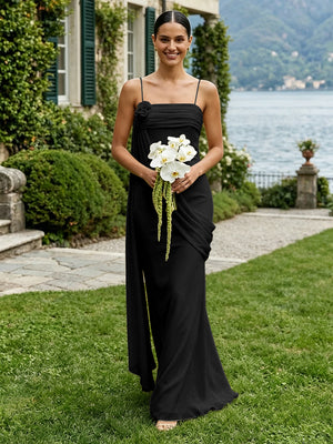 Chiffon Square Neck Ruched Spaghetti Straps Pleated Bridesmaid Dresses