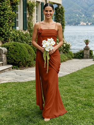 Chiffon Square Neck Ruched Spaghetti Straps Pleated Bridesmaid Dresses