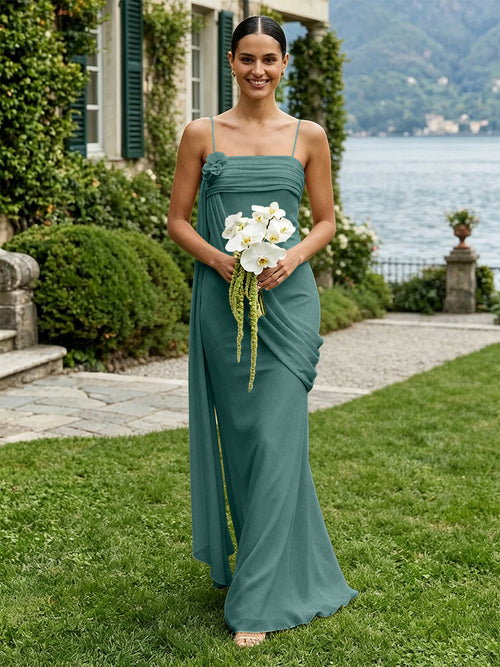 Chiffon Square Neck Ruched Spaghetti Straps Pleated Bridesmaid Dresses