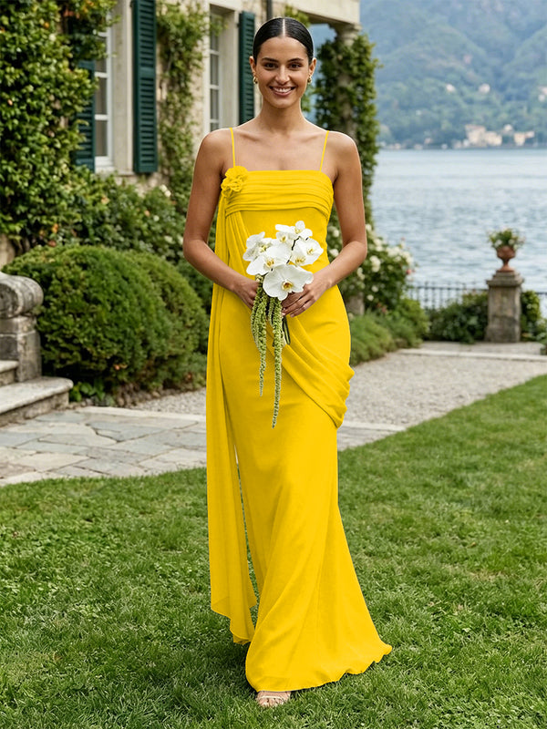 Chiffon Square Neck Ruched Spaghetti Straps Pleated Bridesmaid Dresses