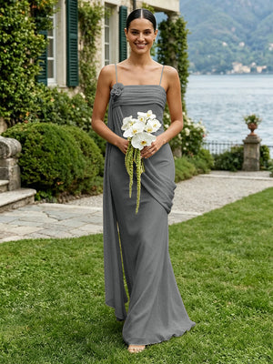 Chiffon Square Neck Ruched Spaghetti Straps Pleated Bridesmaid Dresses